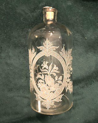 #ad Rare Vtg. Etched Glass Apothecary Bottle w. Floral Scroll Design Cork Stopper $23.00