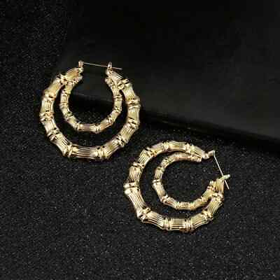 #ad Women Girl Fashion Double Bamboo Pincatch Hip Hop Gold Finished Earring Earrings $12.99