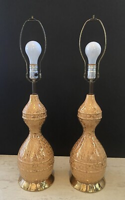#ad Pair MCM Vintage 1960#x27;s Table Lamps Hollywood Regency Glam Gold 27quot;H Ceramic $46.50