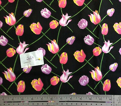 #ad Pink Lavender Tulips on Black Cotton Fabric 2 Yards $26.99