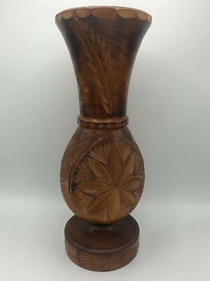 #ad Wood Vase Carved Solid Asian Decor Vintage Antique Pedestal Mid Modern Rustic $48.00
