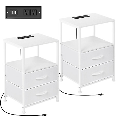 #ad Bedroom Nightstand Set of 2 White End Table w Fabric Drawers amp; Charging Station $68.99