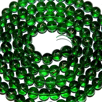 #ad G4016 Green with Gold Drizzle Metallic Drawbench 8mm Round Glass Beads 32quot; Stran $8.05