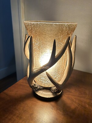 #ad 10.5quot; ANTLER LAMP w CRACKLE GLASS BOWL SHADE Cabin Lodge Deer Horn Accent Table $59.95