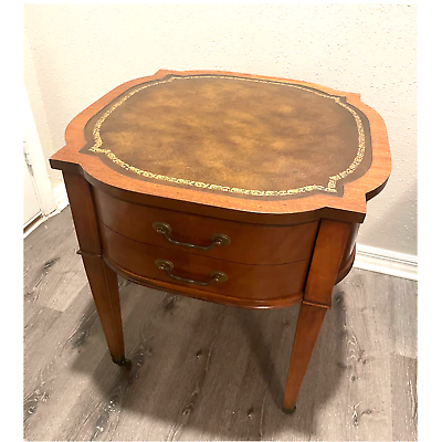 #ad Mid Century Regency Style Mahogany Leather Top Table Brass Wheels Drawer $180.00