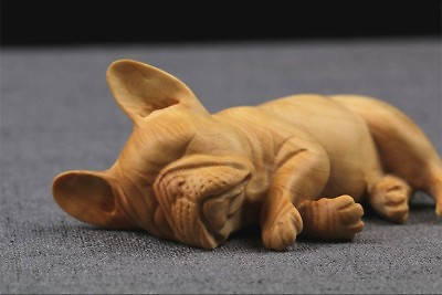 #ad collect 7*5*3 CM Carved Boxwood Carving Lovely Sleeping Dog French bulldog $29.88