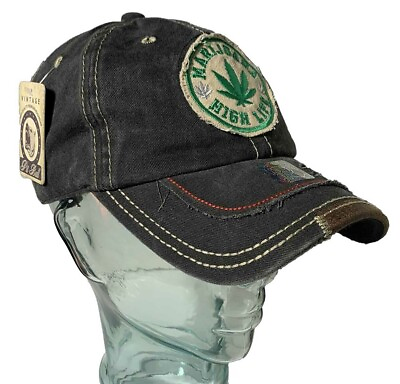#ad Vintage Cap Baseball Hat 100% Cotton Distress Cannabis Emblem Weed Leaf Ball Cap $18.99