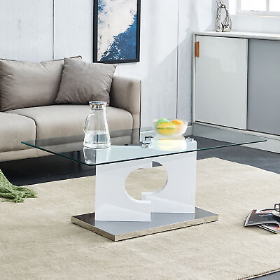 #ad rectangular modern fashionable coffee table glass top white MDF legs living room $216.99