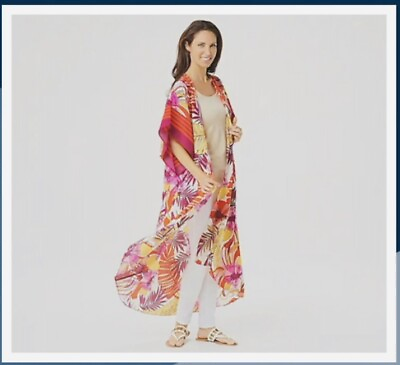 #ad Attitudes by Renee Border Print Duster Kimono Swimsuit Coverup Sunset Palm Large $29.99
