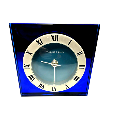 #ad Classic Modern Thomas O#x27;Brien Cobalt Blue amp; Silver Glass Square Shelf Desk Clock $39.50