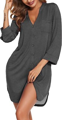 #ad Ekouaer Women#x27;s Nightgown V Neck Striped Button Down Sleepwear 3 4 Sleeves Night $55.53
