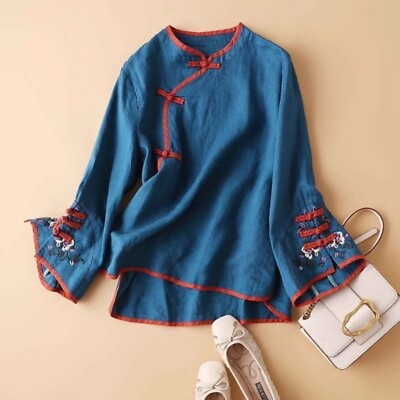 #ad Lady Embroidered Shirts Chinese Frog Button Blouse Ethnic Retro Tops Casual Chic $19.39