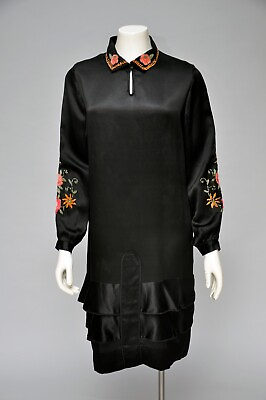 #ad VTG Antique 1920s 20s Black Satin Dress CHENILLE Floral Embroidery Collar XS M $398.00