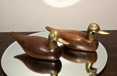 #ad 2 Vintage Ducks Geese Mid Century Modern Wood amp; Brass Art Decor Fireplace $37.27