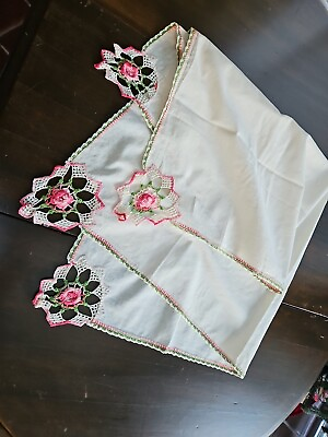 #ad Vtg.Tablecloth 34 X 36quot; Crocheted Roses amp; Edge On Damask Cotton Grannycore $13.95