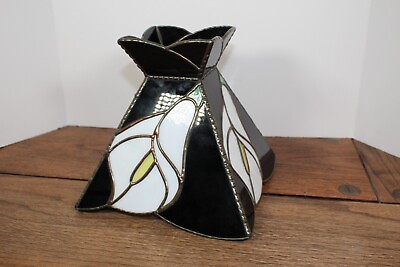 #ad Vtg Stained Glass Table Lamp Shade Pyramid Design Black And White Lily $72.25
