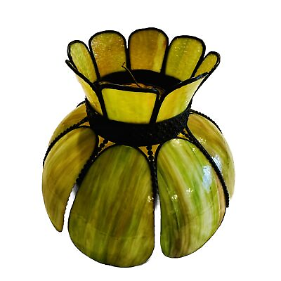 #ad ATQ Victorian Green ART NOUVEAU CURVED SLAG STAINED GLASS LAMP Shade 8 Panel $138.00