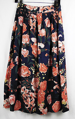 #ad Lee David Collection Navy Blue with Pink Floral Print Rayon Long Full Skirt 10 $21.24