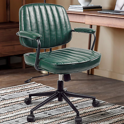 #ad Mid Century Office Chair Green Leather Desk Chair with Wheels and Arms Adjusta $251.99