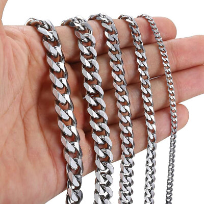#ad 16quot; 30quot; Stainless Steel Silver Chain Cuban Curb Men Women Necklace 3 5 7 9 11mm $14.99