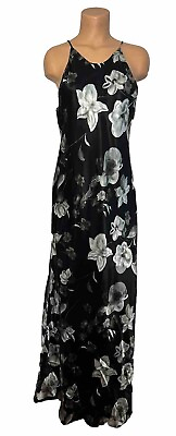 #ad Vtg Black White Gray Floral Satin Maxi Slip Dress 90s y2k Size 16 Hampton Nites $59.99