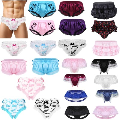 #ad US Mens Satin Lace Girlie Ruffled Panties Sissy Crossdress Maid Briefs Underwear $8.73
