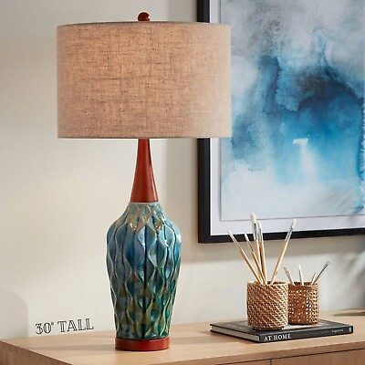 #ad Mid Century Modern Vase Table Lamp Ceramic Blue Teal Elegant Living Room Decor $277.13