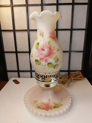 #ad Vintage Milk Glass Hand Painted Pink Roses Electric Hurricane Lamp 10.5quot; Tall $59.95