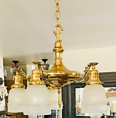 #ad Antique 5 Light Brass Pan Ceiling Light Fixture with Shades Circa 1920 $650.00