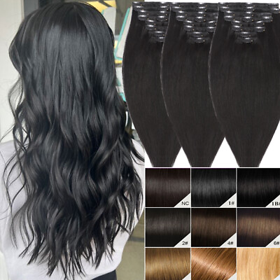 #ad Black Clip In 100% Real Remy Human Hair Extensions Ombre Full Head 8 Pieces Long $35.82