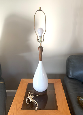 #ad MID CENTURY DANISH MODERN WOOD LAMP 1950#x27;s PORCELAIN with Wood Neck Lamp 1 MCM $239.99
