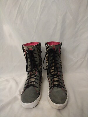 #ad Vans Ladies Size 7 Combat Boots Beige Checkered With Pink Insides $29.99