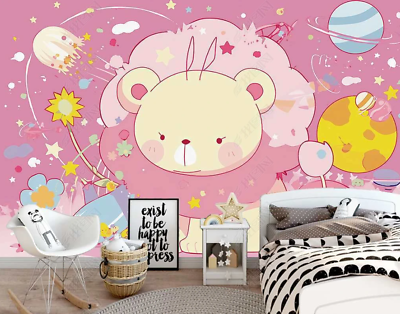 #ad 3D Pink Cartoon Bear Kids Self adhesive Removeable Wallpaper Wall Mural AU $249.99