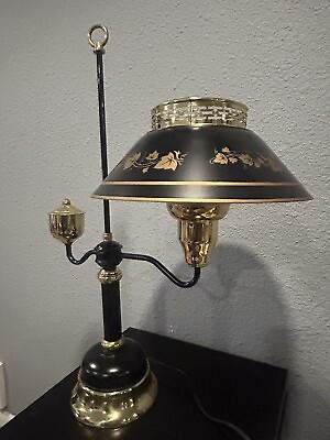 #ad RARE Antique Solid Brass French Bouillotte Table Lamp Original Metal Tole Shade $225.25