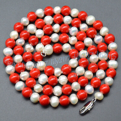 #ad Natural 8mm Red Coral 7 8mm Real White Freshwater Pearl Beads Necklace 14 100#x27;#x27; $12.58