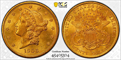 #ad PCGS MS 63 1906 D $20 GOLD LIBERTY DOUBLE EAGLE $4850.00