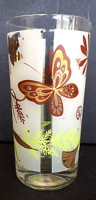 #ad Vintage Frosted Drinking Glass Butterfly Autumn Leaf Motif Mid Century Modern $19.99