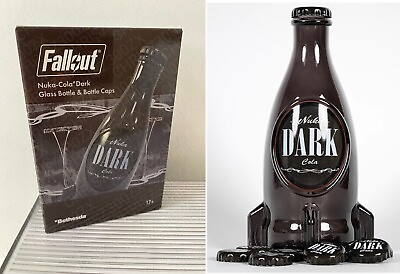 #ad Fallout Nuka Cola Dark Glass Bottle 10 Bottle Caps Tin Rocket Statue Figure $33.90