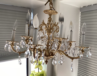 #ad Vintage Antique French Brass 10 arms 10 lights Lead Crystal Chandelier $548.88