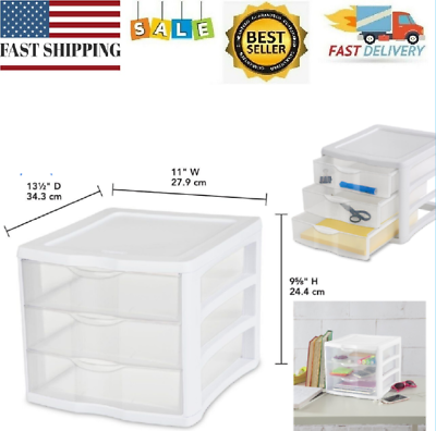 #ad 3 Drawer Plastic Storage Drawers Containers Clear Rack Cabinet Organizer White $16.97