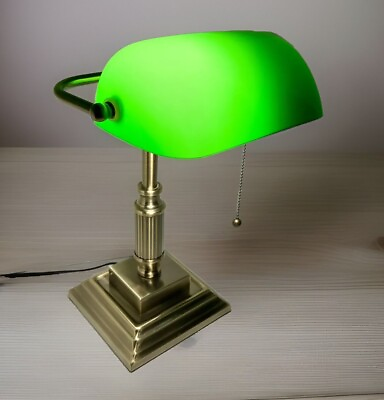 #ad Victory Brass Bankers Desk Lamp Green Glass Shade 15” Intertek Library Light $48.50