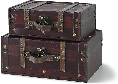#ad Vintage Decorative Suitcases Trunk Retro Wood Leather Craft Antique Storage 2Pcs $109.15