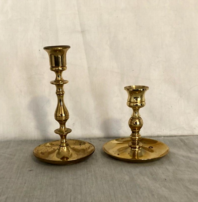 #ad Vintage Pair of Brass Candlestick Holders with Drip Tray $11.99