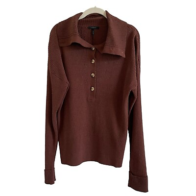#ad Revolve Bobi BLACK Fine Cotton Sweater Rustic Size Large Henley Ribbed Casual $34.00
