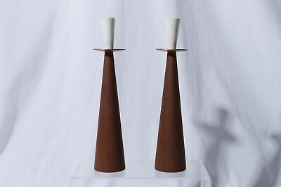 #ad MCM Mid Century Modern Teak Brass Candle Holders Pair 9quot; Tall $89.96