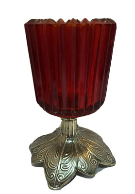 #ad Ruby Red Votive Candle Holder In Antique brass Footed Pedestal 1981 $18.00