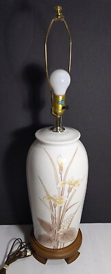 #ad Vintage Asian Oriental Vase Urn Table Lamp White Floral Paint Ceramic Porcelain $117.00