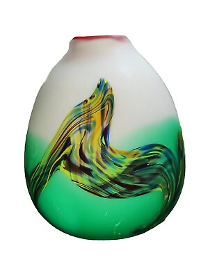 #ad Art Glass Vase Swirl Green White Red Rim Satin Tear Drop As Is Centerpiece $32.24