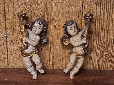 #ad Pair Of Antique 19th Century Italian Cherub Sconces Hand Carved Painted 9in Tall $475.00