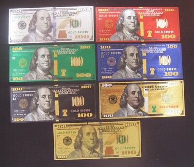 #ad 7 Different New Style 24K Foil $100 Bills in Color From Gold to Silver FREE SHIP $6.88